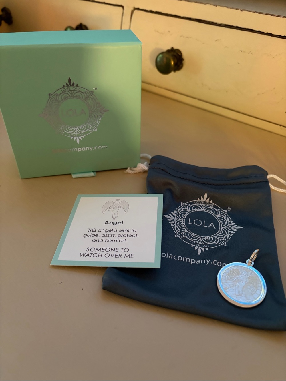 lola Silver Angel Pendant with Teal Box and Gray Pouch - Picture 2 of 4